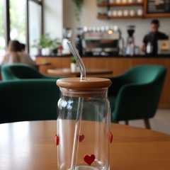 Heart Print Glass Tumbler with Wooden Lid & Straw