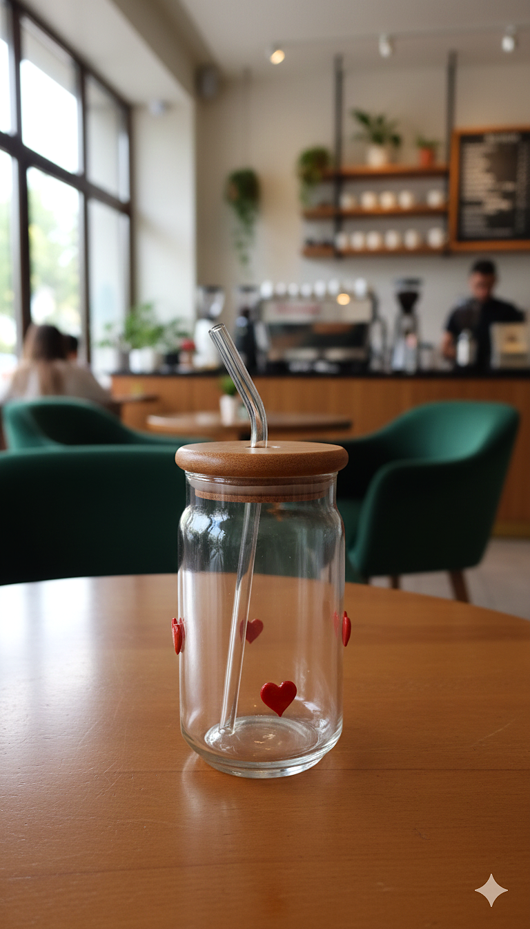 Heart Print Glass Tumbler with Wooden Lid & Straw