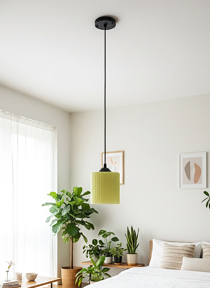 Ribbed Lemon Colour Pendant Lamp – Black hanging Pendant