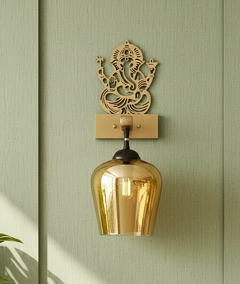 Ganesha-Inspired Decorative Amber Radiant Wall Lamp (Gold)