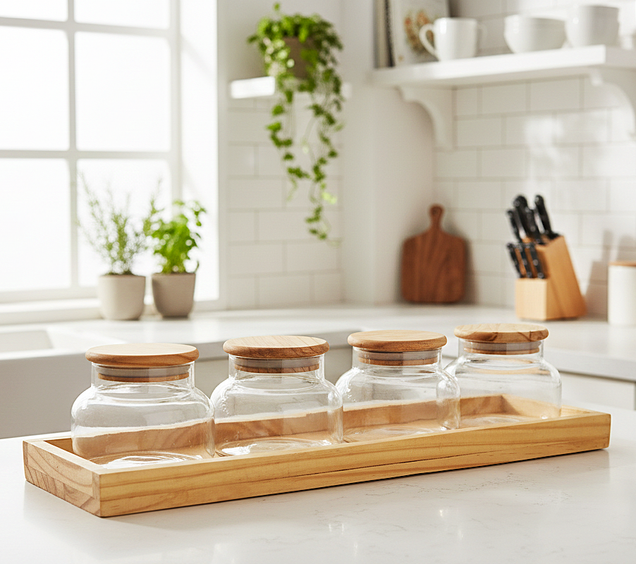 Minimalist Glass Spice Jar Set with Wooden Tray