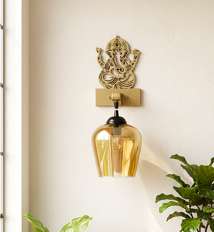 Ganesha-Inspired Decorative Amber Radiant Wall Lamp (Gold)