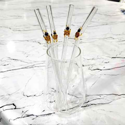 Ladybug Glass Straw Set – Handcrafted Decorative Drink Stirrers [Set Of 4]