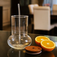 Sculpted Clear Glass Tumbler with Wooden Lid & Straw