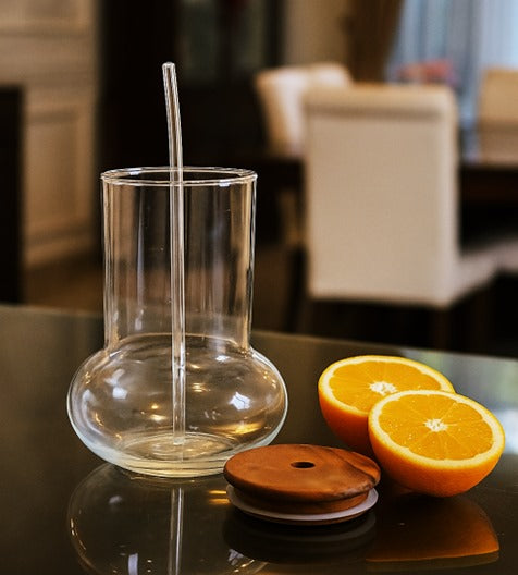 Sculpted Clear Glass Tumbler with Wooden Lid & Straw