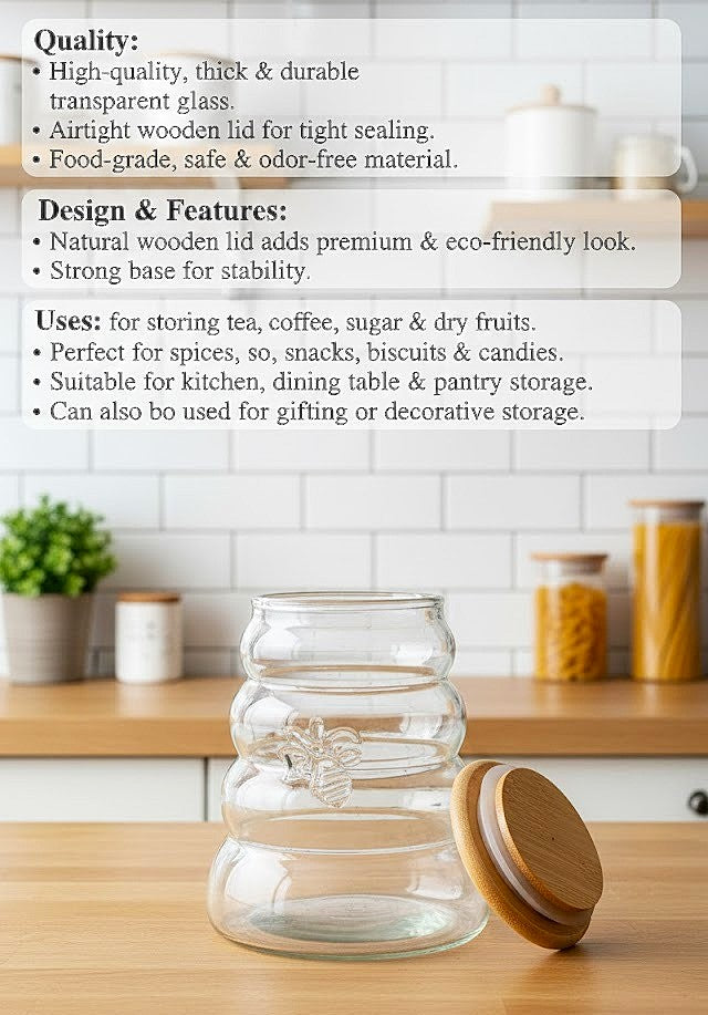 Beehive Glass Storage Jars with Wooden Lids (Set of 4)