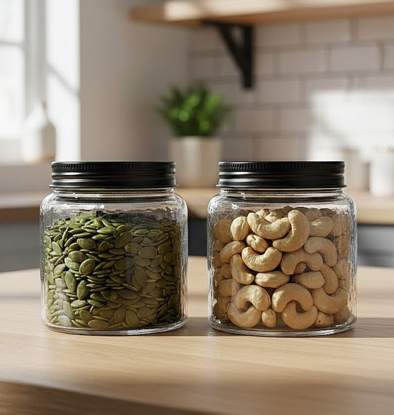 Minimal Hammered-Textured Glass Storage Jars With Airtight Black Metal Lid