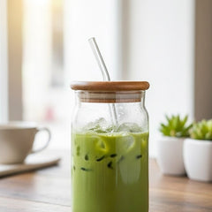 Wood-Lid Iced Coffee Glass with Reusable Straw