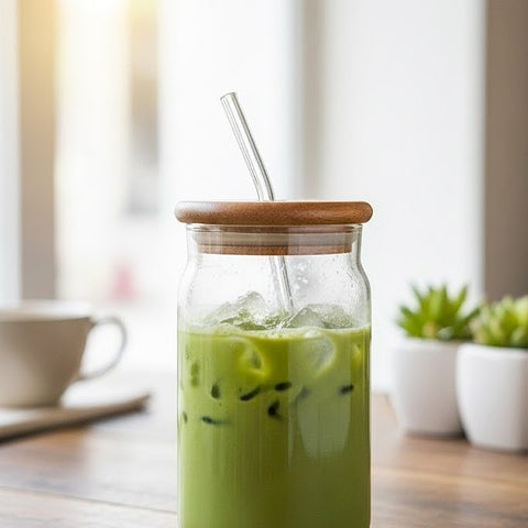 Plain Glass Tumbler With Wooden Lid & Reusable Glass Straw