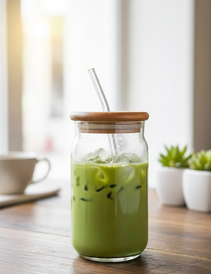 Wood-Lid Iced Coffee Glass with Reusable Straw