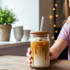 Wood-Lid Iced Coffee Glass with Reusable Straw