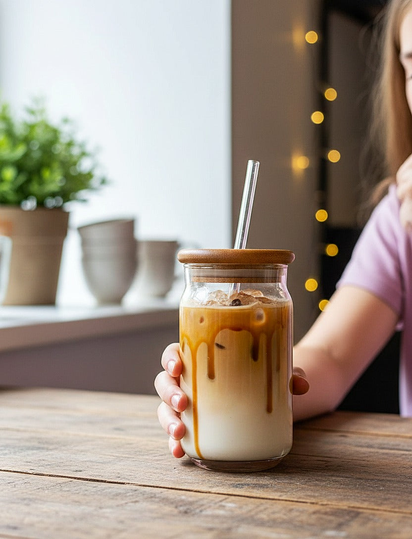 Wood-Lid Iced Coffee Glass with Reusable Straw