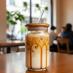 Wood-Lid Iced Coffee Glass with Reusable Straw