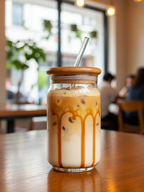 Wood-Lid Iced Coffee Glass with Reusable Straw