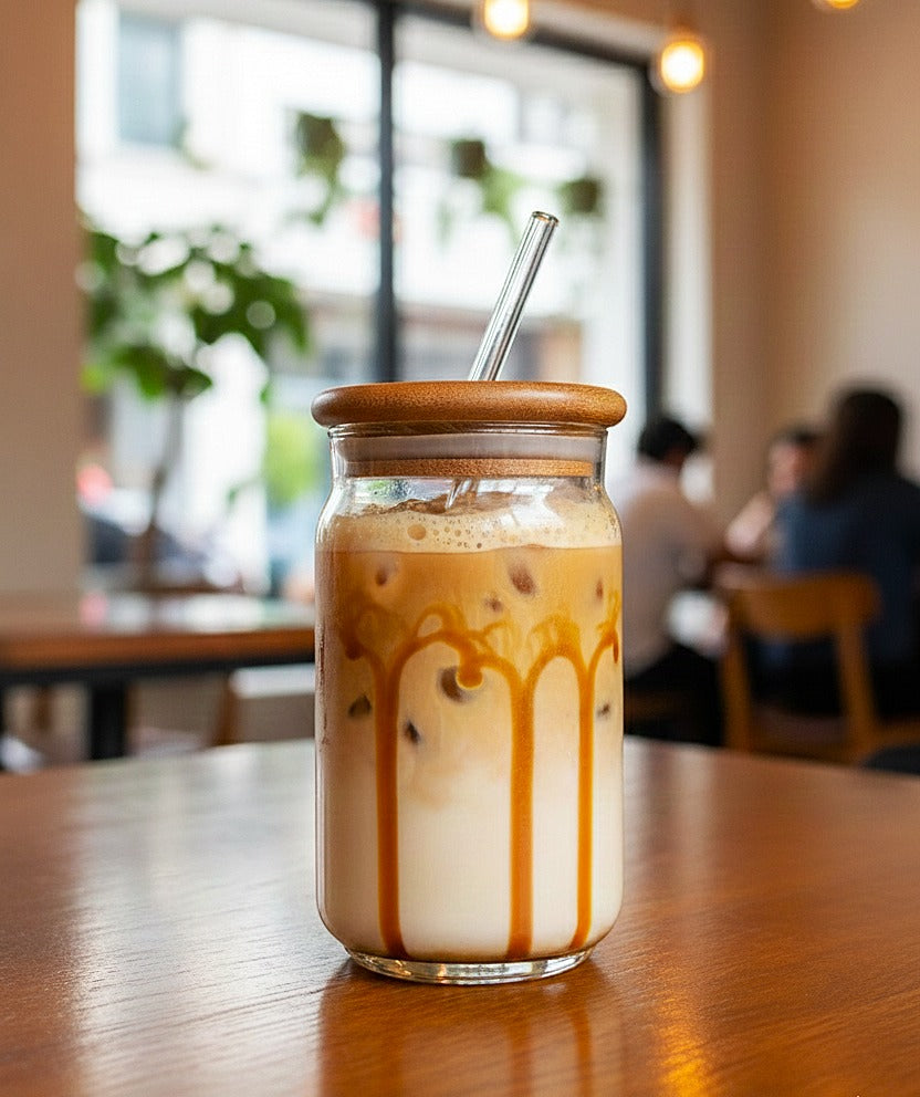 Wood-Lid Iced Coffee Glass with Reusable Straw