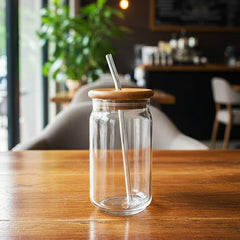 Wood-Lid Iced Coffee Glass with Reusable Straw