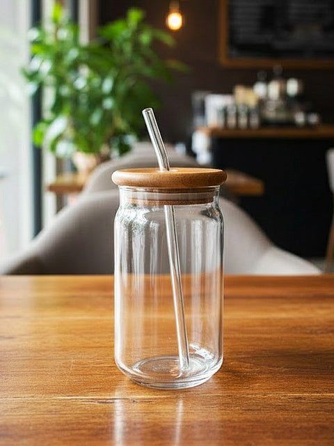 Wood-Lid Iced Coffee Glass with Reusable Straw