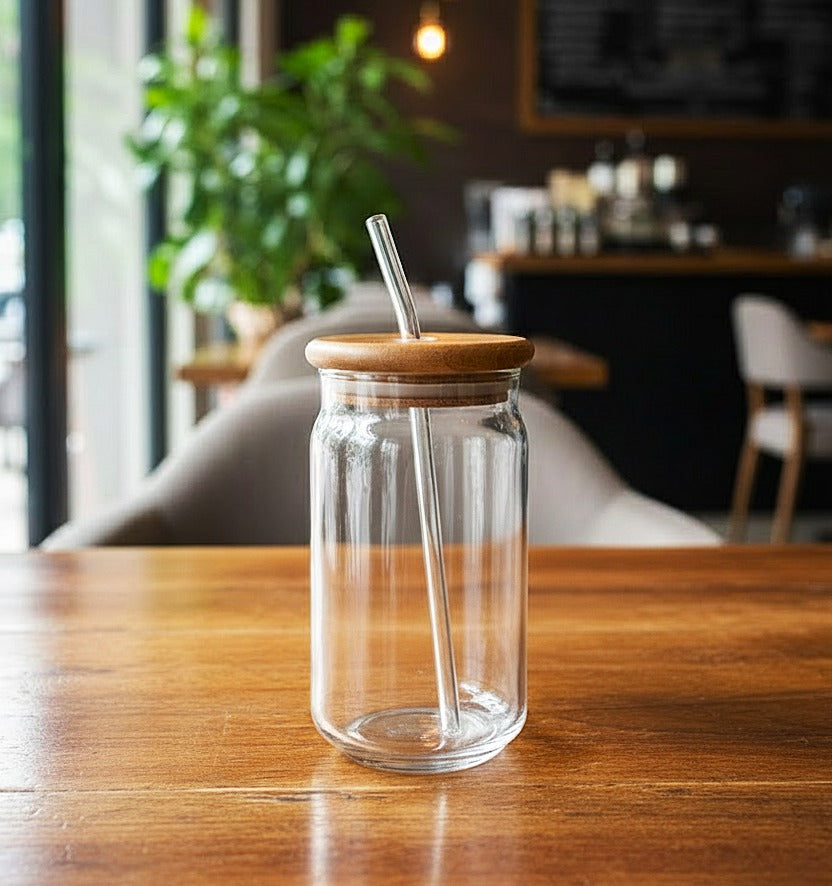 Wood-Lid Iced Coffee Glass with Reusable Straw
