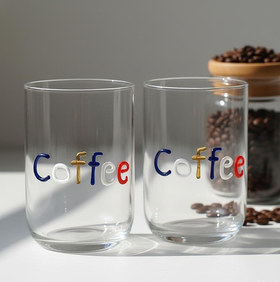 "Coffee" Artisan Handcrafted Crystal-Clear Glass Tumbler – [PACK OF 2]