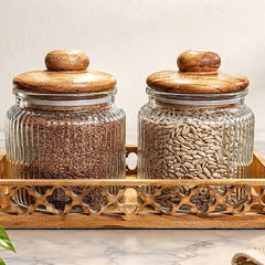 Premium Ribbed Glass Storage Jars with Airtight Wooden Lids and Carved Wooden Tray (Pack of 2, 750ml Each) – Decorative Kitchen Canisters Set for Countertop Pantry Organization, Dry Fruits, Seeds, Tea, Coffee & Spices