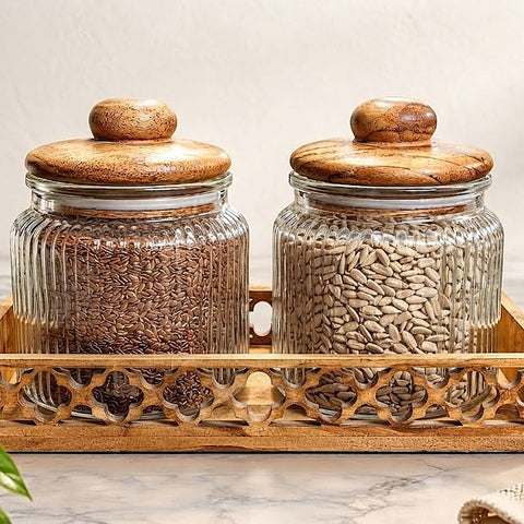 Premium Ribbed Glass Storage Jars with Airtight Wooden Lids and Carved Wooden Tray (Pack of 2, 750ml Each) – Decorative Kitchen Canisters Set for Countertop Pantry Organization, Dry Fruits, Seeds, Tea, Coffee & Spices