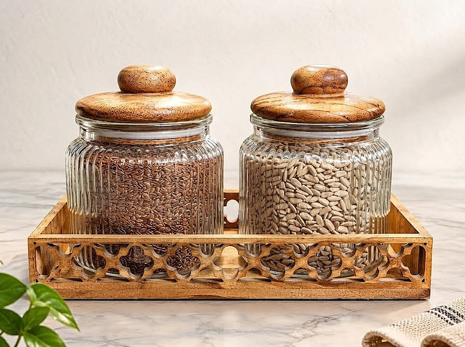 Premium Ribbed Glass Storage Jars with Airtight Wooden Lids and Carved Wooden Tray (Pack of 2, 750ml Each) – Decorative Kitchen Canisters Set for Countertop Pantry Organization, Dry Fruits, Seeds, Tea, Coffee & Spices