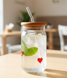 Heart Icon Glass Tumbler with Wooden Lid & Straw